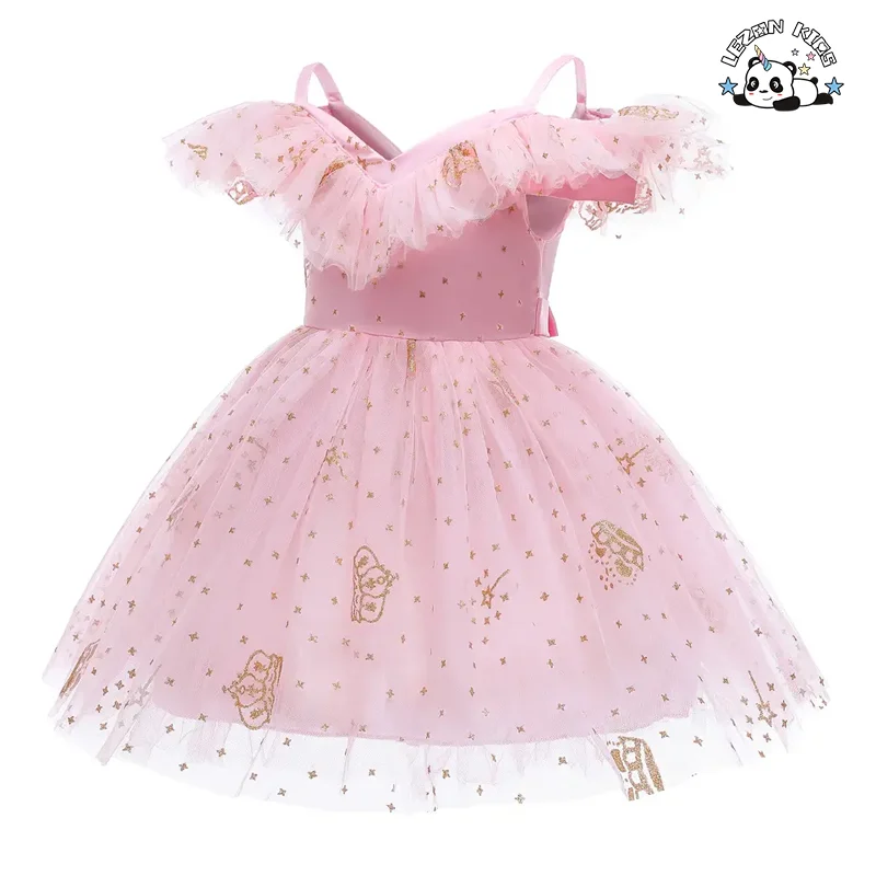 LEZONKIDS - Vestido de Menina Cor Sólida Roupas Infantis Coroa Lantejoulas Saia de Princesa Malha de Gaze Saia
